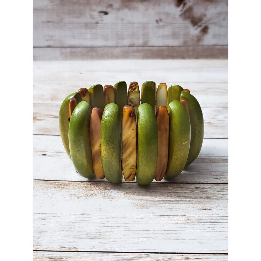 Vintage Stretch Bracelet - Large Chunky Green & Tan
